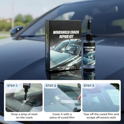 All Purpose Windshield Crack Repair Kit For A 5 Minute Quick Fix DIY Glass Crack Remover Fluid For Windshields And Mirrors Fix All Crack Types Fast And Easy In One Pack with resin bottle and packaging on car hood.