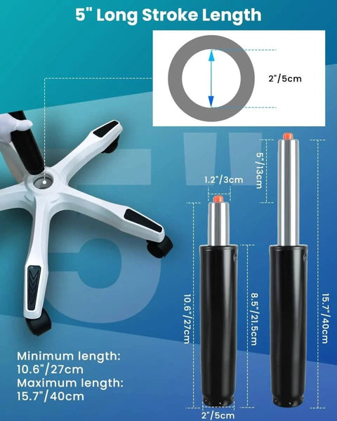 Heavy Duty Office Chair Gas Lift Cylinder Replacement Built Tough For All Day Comfort And Support 5 Inch Stroke Fits Most Chairs Up To 700 Lbs Class 4 Hydraulic Piston Cylinder showing dimensions