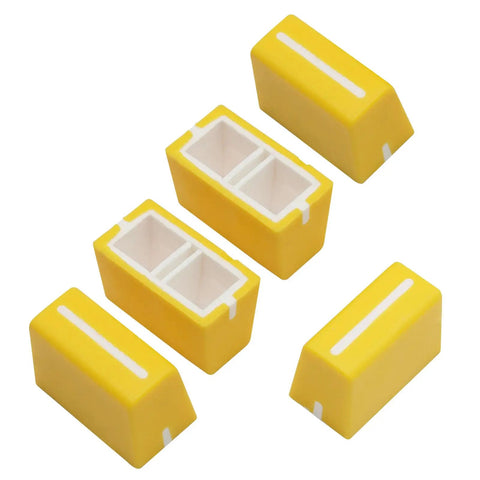 5 Pack Universal Yellow Fader Caps For DJ Mixers Replacement Slider Potentiometer Knobs, top and inner view, durable rubber material.