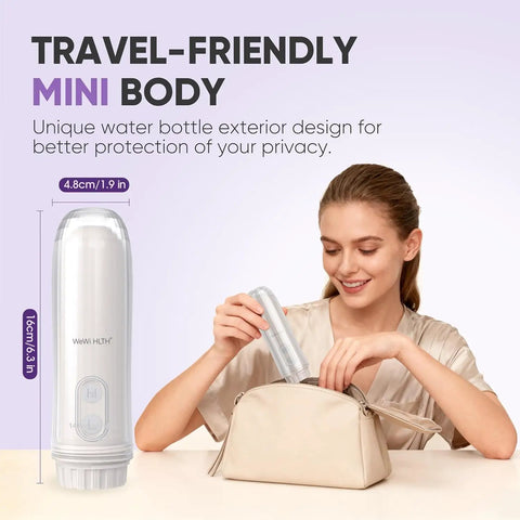 Woman placing a portable bidet for travel and on the go use, handheld electric bidet with adjustable nozzle, into a bag.