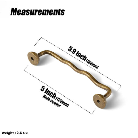 Solid Brass Cabinet Pulls With 5 Inch Hole Centers, Antique Brass Drawer Handles, Ergonomic Wave Design, Measurements Shown