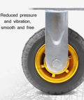 Heavy Duty Solid Rubber Caster Wheels With Locking Brakes And Precision Swivel Action For Easy Floor Saving Moves and hauling heavy gear without any sweat or friction, close-up of wheel with gold hub.