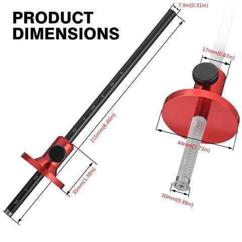 Product dimensions of Pro Level Euro Wheel Marking Gauge For Woodworking Featuring Laser Engraved Inch And Millimeter Dual Scales CNC Aluminum Scribing Tool.