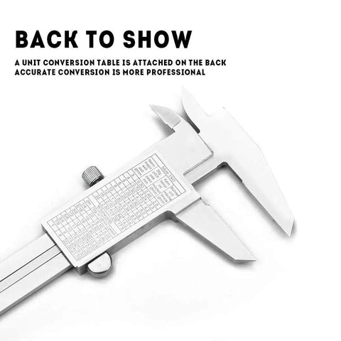 Pro Grade Vernier Caliper In Stainless Steel Hardened Chrome Plated 0 To 8 Inch And 0 To 200 Millimeter Range 0.001 Inch Back View