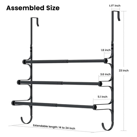 Black Wall Mounted Towel Rack Set With 3 Levels Per Unit And 2 Pieces, detailed size dimensions shown, space-saving design