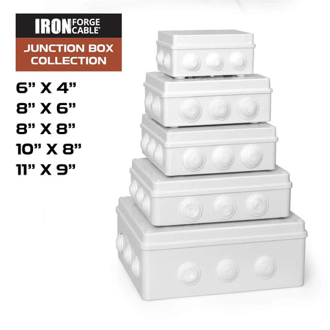 Stack of various sized junction boxes with cable entries, part of collection. Outdoor Electrical Junction Box 12 x 10 x 4.8 Inch Weatherproof Dustproof Waterproof Enclosure For Exterior Projects Universal Outdoor Box For Safe Dry Electrical Connections.