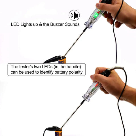 Automotive Wire Piercing DC Voltage Circuit Tester For 6V 12V Systems With 59 Inch Cord Three Interchangeable Probes For Touch Or Pierce Testing LED And Buzzer Indicator For Quick Wiring Checks, hand testing battery polarity