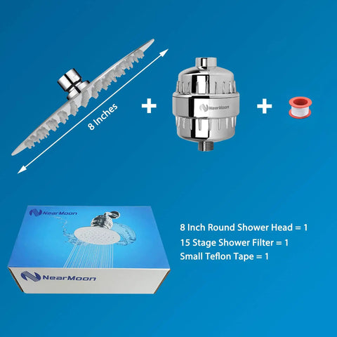 High Pressure Shower Head With 15 Stage Filtration, Chrome finish, 8 inch head, filter, and teflon tape shown with packaging.