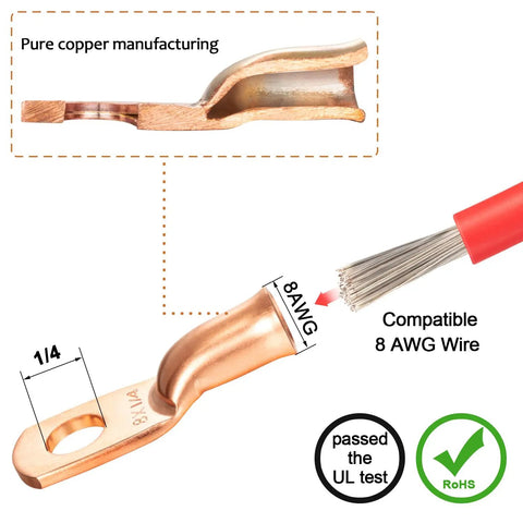 10 Pack 8 Gauge Wire Lugs With Quarter Inch Ring Terminals Built Tough Copper Crimp Lugs Includes Heat Shrink Tubes Black And Red UL Tested 486A Battery Cable End Kit showing pure copper manufacturing and compatibility with 8 AWG wire.