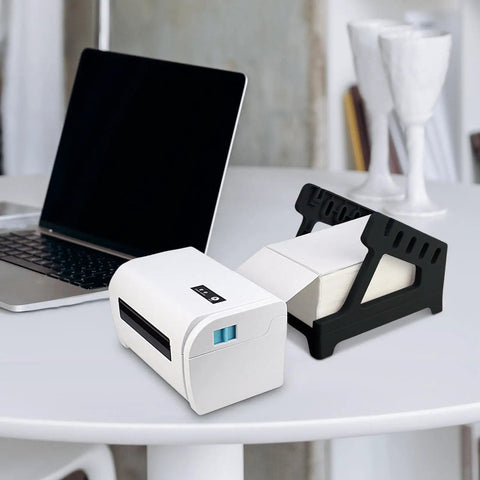Real Deal Label Roll Organizer Desk Stand For Thermal Printers And Fan Fold Stickers Rack with white printer on desk.
