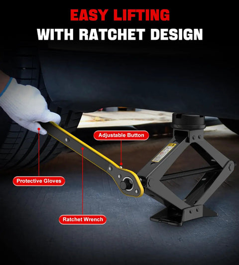 Heavy Duty 2.5 Ton Scissor Car Jack Kit With Tesla And Universal Pads Built Tough High Capacity Auto Lift Tool For Model Y 3 S X showing ratchet wrench and adjustable button.