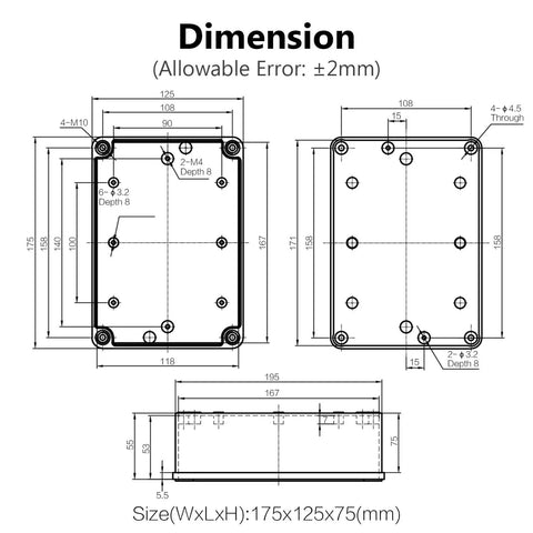IP67 Waterproof Junction Box Outdoor Project Enclosure Made From Durable ABS Plastic Dustproof Gray Weatherproof Electrical Housing 6.9 x 4.9 x 3 Inch Box For Outdoor Wiring And Electrical Components Protection. dimension drawing 175x125x75mm