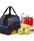 Desert Camping Print Go To Insulated Lunch Tote For Work Picnic Or Travel Reusable Oxford Cloth Lunch Box With Aluminum Foil Liner That Keeps Meals Warm Or Cool Durable Unisex Carrier with food and drink items displayed beside it.