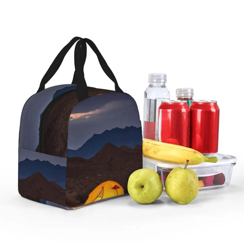 Desert Camping Print Go To Insulated Lunch Tote For Work Picnic Or Travel Reusable Oxford Cloth Lunch Box With Aluminum Foil Liner That Keeps Meals Warm Or Cool Durable Unisex Carrier with food and drink items displayed beside it.