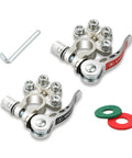 4 Way Battery Terminal Connectors Set For SAE JIS Type A Posts Quick Release Positive And Negative Cable Ends Durable Corrosion Resistant Easy Install Multi Cable Wiring Kit For Your Ride. two metal battery terminals with Allen wrench and washers