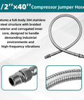 40 Inch Half Inch NPT Compressor Jumper Hose With Stainless Steel Braided Flex 304 Stainless Exterior 750F High Temp 450 PSI