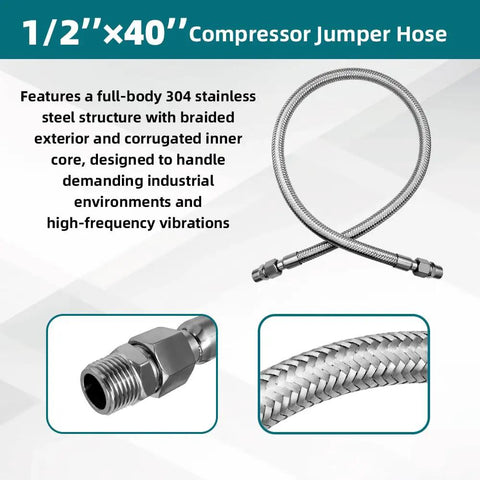 40 Inch Half Inch NPT Compressor Jumper Hose With Stainless Steel Braided Flex 304 Stainless Exterior 750F High Temp 450 PSI