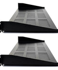2 Pack 1U Vented Cantilever Server Rack Shelf 10 Inch Deep showing black metal design for mounting IT gear.