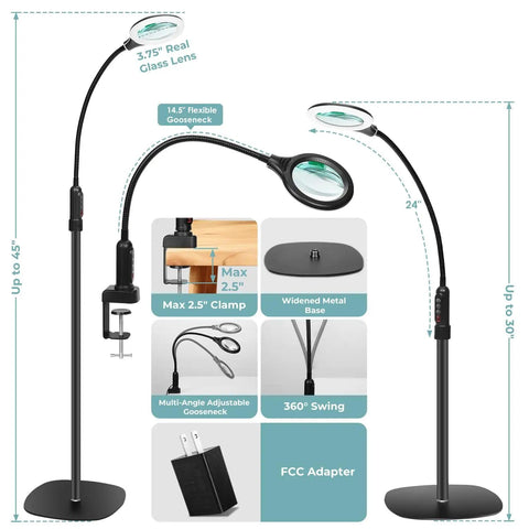 Real Glass 12X Magnifying Floor Lamp With Light And Stand Hands Free Three In One Flexible Gooseneck Magnifier diagram
