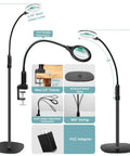 10X Magnifying Glass With Light Floor Lamp LED Flexible Gooseneck Magnifier, standing and clamped, dimensions and features shown