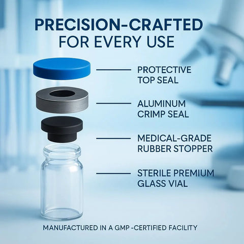 Front view of 25 ml premium glass vial with blue top seal, aluminum crimp seal, and rubber stopper; 3-pack