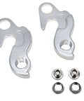 Two Pack Bike Derailleur Hanger With Bolts For Cyclocross, Mountain, And Road Bikes, Universal Frame Tail Hook Emergency Replacement Guard shown in silver.