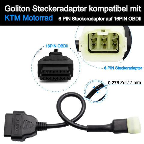 OBD2 OBDII 6 Pin 16 Pin Diagnostic Adapter Cable For KTM Motorcycles Plug And Play Connector Lead with close-up of connectors