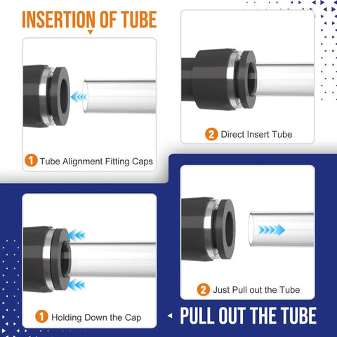 Diagram showing insertion and removal of tube for One Quarter Inch Push To Connect Pneumatic Fittings Kit With Sixty Pieces Including Tee Elbows Straights Splitters And Plugs For Air Hose Tubing PU Nylon Soft PE Lines Quick Connects For 0 To 145 Psi Working Range.
