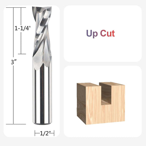 SpeTool Upcut Spiral CNC router bit, front view, 1/2" shank, 1/2" cutting diameter, solid carbide for wood