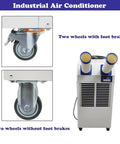 Heavy Duty Shop Cooler Rig With Smart Controls And Massive Fourteen Liter Tank Drops Killer Chill For Busy Warehouse And Garage Zones At 18700 Btu showing wheels with and without foot brakes.