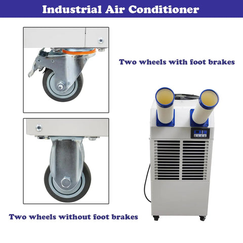 Heavy Duty Shop Cooler Rig With Smart Controls And Massive Fourteen Liter Tank Drops Killer Chill For Busy Warehouse And Garage Zones At 18700 Btu showing wheels with and without foot brakes.