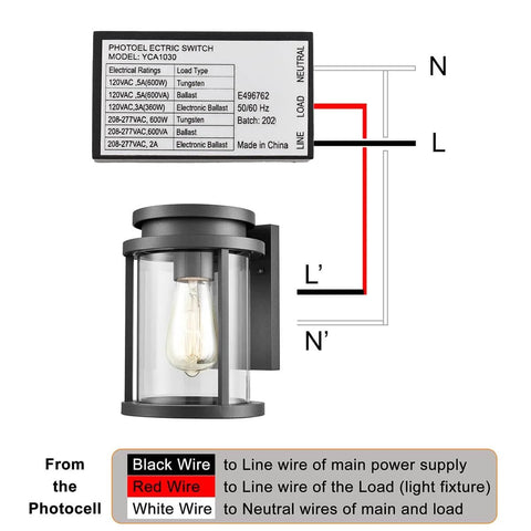 Wiring diagram for Dusk To Dawn Photocell Sensor For Outdoor Lights Hard Wired Post Eye Auto Light Control Switch UL Listed