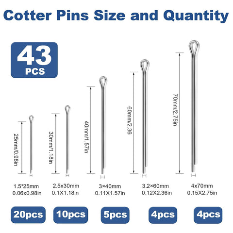 Stainless steel cotter pin assortment kit, 43 pieces in five sizes, front view