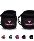 Premium Cable Machine Ankle Straps for Glute Kickbacks and Hip Abductions Featuring Hella Padded Cushioning, black with pink logo.