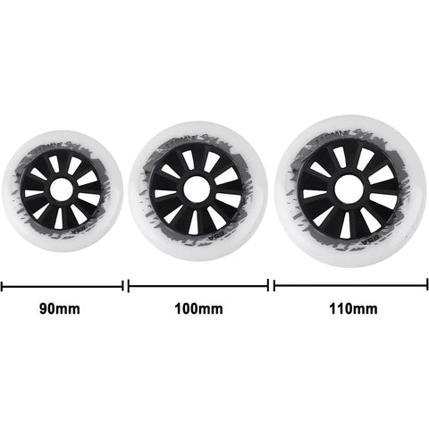 Inline Skate Wheels 85A Outdoor Indoor Set With 90/100/110mm Options For Cruising And Racing, displayed in three sizes with black core