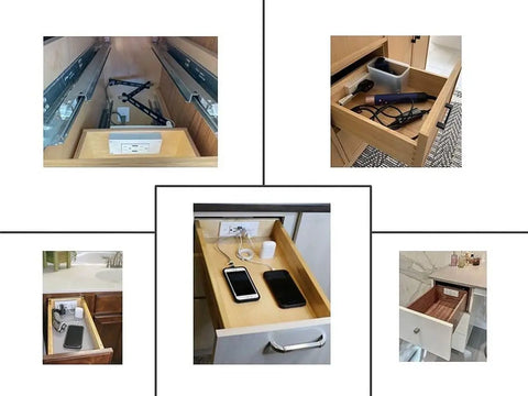 In Drawer Outlet With Cord Management Arm And USB A Ports Two 15 Amp Outlets Fits Narrow And Shallow Drawers Tamper Resistant