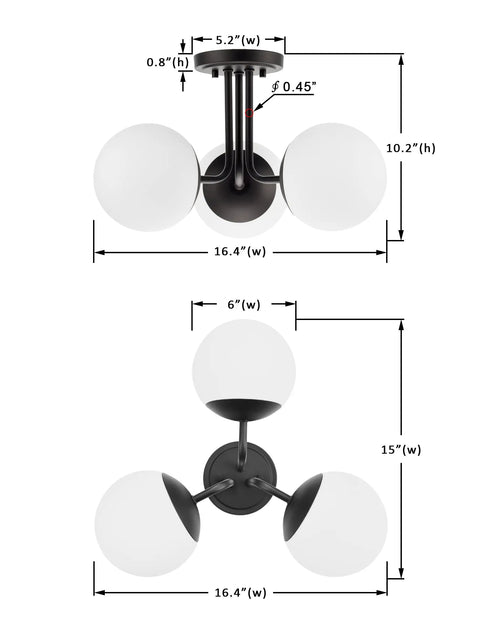 Dimensions of 3 Light Dope Matte Black Semi Flush Mount Ceiling Light Fixture Modern Globe Sputnik Chandelier for home rooms