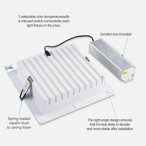 HITOO 8 Inch Square Recessed Ceiling Light, 3CCT, Dimmable, White, 2 Pack with junction box and spring clips.