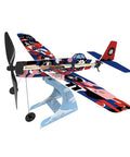 Rad Rubber Band Airplane Kit With Low Wing Design for STEM learning in vibrant colors on display stand for flight project.