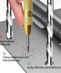 Built Tough Six Piece Center Drill Bit Set With Heavy Duty Auto Center Punch marking precise drill points on metalwork.
