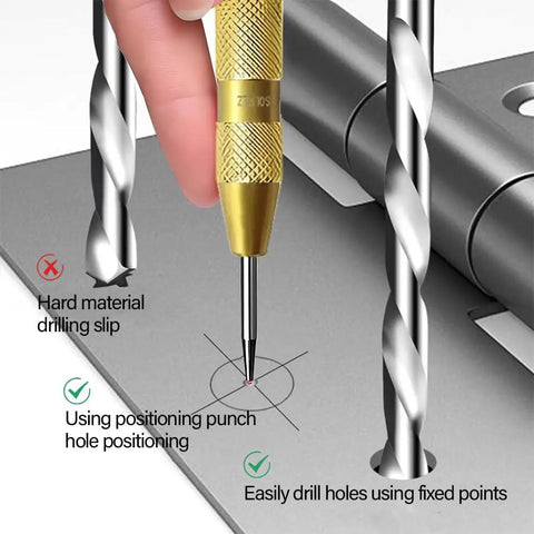 Built Tough Six Piece Center Drill Bit Set With Heavy Duty Auto Center Punch marking precise drill points on metalwork.