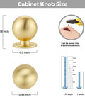 Round Ball Cabinet Knobs For Dresser And Kitchen, Brushed Brass 0.95 Inch Diameter, Zinc Alloy, size diagrams shown.