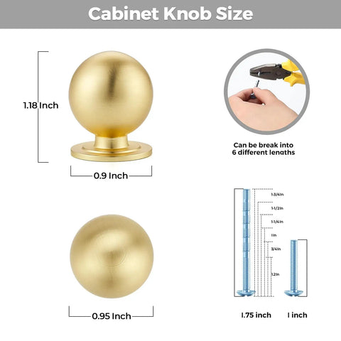 Round Ball Cabinet Knobs For Dresser And Kitchen, Brushed Brass 0.95 Inch Diameter, Zinc Alloy, size diagrams shown.