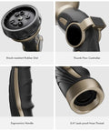 Close-up shots of the Built Tough Heavy Duty Metal Hose Nozzle With 9 Spray Patterns High Pressure Sprayer Thumb Flow Control And On Off Valve.