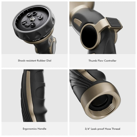 Close-up shots of the Built Tough Heavy Duty Metal Hose Nozzle With 9 Spray Patterns High Pressure Sprayer Thumb Flow Control And On Off Valve.