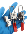 Beefy Heavy Duty Quick Release Toggle Clamp Set Adjustable Stainless Steel 304 With 400 Lbs Holding Capacity in gloved hand