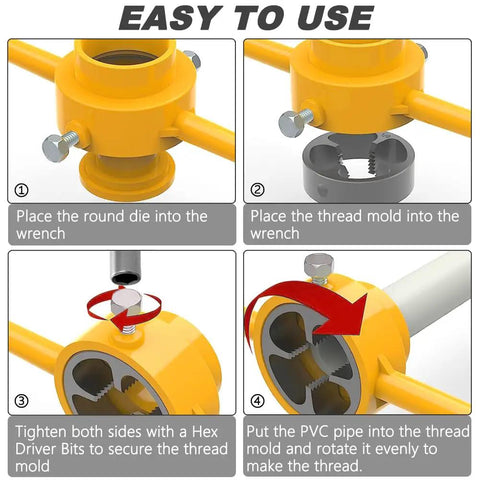 Easy-to-use instructions for PVC Pipe Threader Kit For Quick No Fuss Threading Six Piece Tool Set With 1/2 Inch 3/4 Inch And 1 Inch NPT Die Sets
