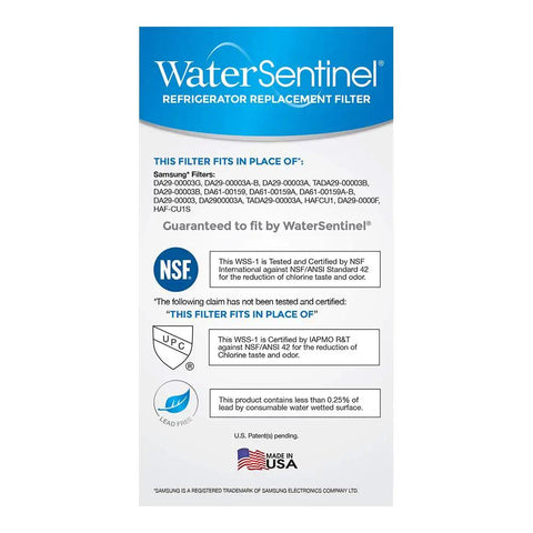 Back packaging of Samsung HAF-CU1 Compatible Refrigerator Water Filter 3 Pack showing NSF certification and filter compatibility.