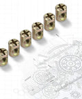 Heavy Duty M6 Furniture Nut Plugs And Cabinet Connectors Pro Grade Kit 30 Durable Fasteners aligned on graphic background