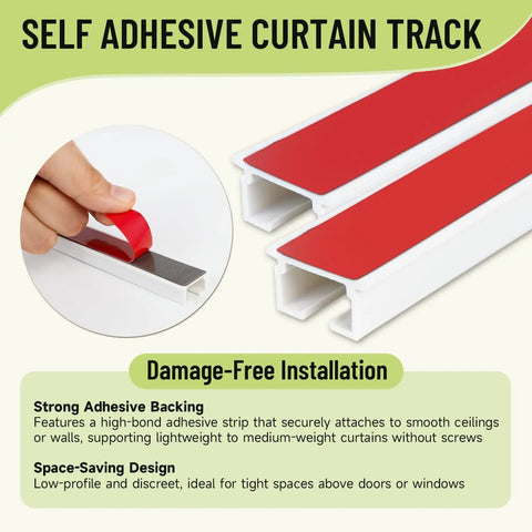 Self Adhesive Ceiling Curtain Track No Drill Curtain Rod For Windows Cabinets Closets Showers And RV Quick Install Damage Free Privacy Ready In Minutes Easy To Use, white PVC track with adhesive backing